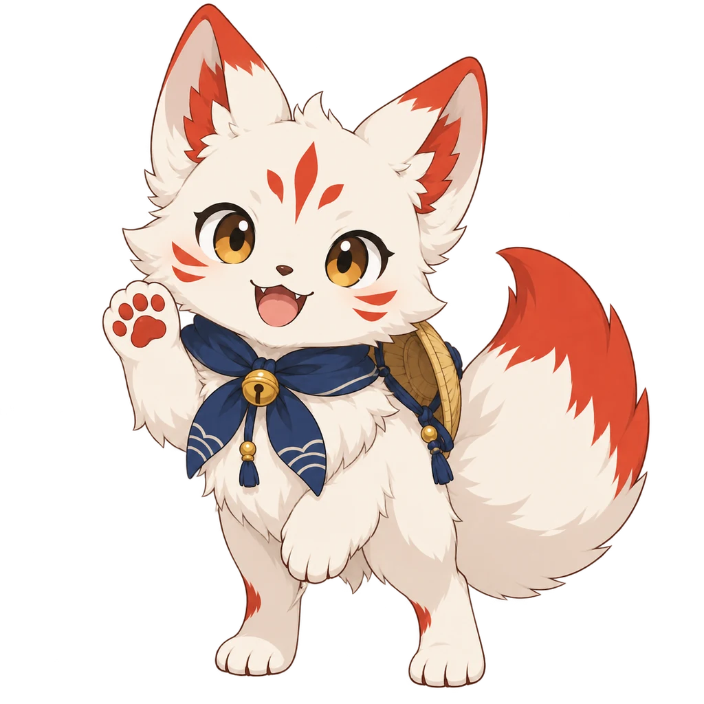 Kon, a white fox with a blue scarf, your guide