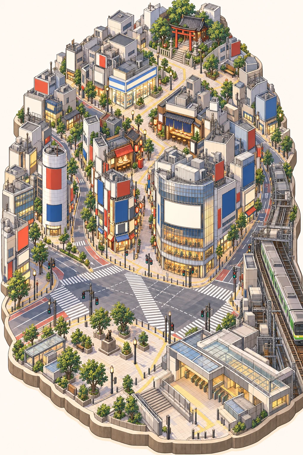 Illustrated story map inspired by Shibuya, Tokyo; a fictional route, not a street map